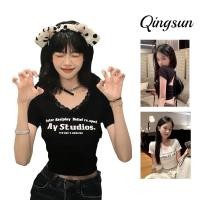 ราคา Qingsun สไตล์เกาหลีa เสื้อครอปแขนสั้น น่ารักๆ คอวี แต่งลูกไม้สกรีนตัวอีกษร มีฟองน้ำในตัว ใส่ง่าย FY2753 1 (44372241232)