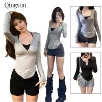 ราคา เสื้อยืดผู้หญิง ผ้าใส่สบาย เซ็ทเสื้อแขนยาว สายเดี่ยวครอปสั้น น่ารักๆ มีฟองน้ำในตัว สีพืเนใส่สบาย FYA085 (44414333001)