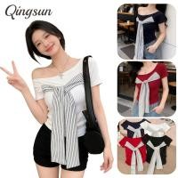 ราคา Qingsun เสื้อสตรีแฟชั่นไหล่เปิดแขนสั้น ง่ายต่อการแมทช์ ดีไซน์ลายทางด้านหน้า มีแผ่นฟองน้ำ สไตล์ลำลอง FY5211 0 (42379164379)