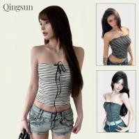 ราคา เสื้อแฟชั่น คล้องคอ เซ็กซี่ เสื้อเกาะอก มีฟองน้ำ สไตล์เกาหลี ดีเทลลายทาง ยืดพอดีตัว FY1840 Qingsun (42311620579)