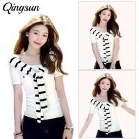 ราคา Qingsun สไตล์เกาหลี เสื้อยืดแขนสั้น ลายทาง เปิดไหล่ ใส่สบาย เข้ารูป เสื้อผ้าแฟชั่นผู้หญิง (42126557972)