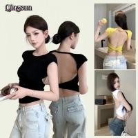 ราคา เสื้อยืดผู้หญิง ฉลุลาย เสื้อครอปไหมพรมแขนสั้น เว้าหลัง เกาหลีสไตล์ มีฟองน้ำ ยืดตามตัว FY5037 Qingsun (41960795313)