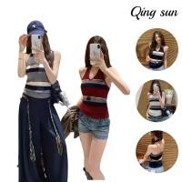 ราคา Qingsun ใส่สบาย แขนกุด เสื้อคล้องคอ เว้าหลัง น่ารักมากๆ ผ้าไหมพรม ลายทางยืดพอดีตัว 25149 (41069678734)