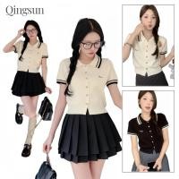 ราคา เสื้อยืดผู้หญิง เสื้อไหมพรมแขนสั้น ทรงครอปใส่ง่ายสบาย คอปก สีพื้น สไตล์ลำลอง 59035 (29390491388)