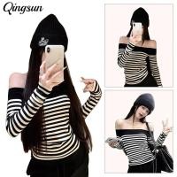 ราคา Qingsun เสื้อแขนยาว เปิดไหล่ ลายทาง ผ้าใส่สบาย เสื้อผ้าแฟชั่นผู้หญิง (27193722598)