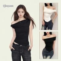 ราคา เสื้อเปิดไหล่แขนสั้น สีพื้น ขาวดำ ใส่สบายมากทรงรัดรูปพอดีตัว FY2853 Qingsun (41407782015)