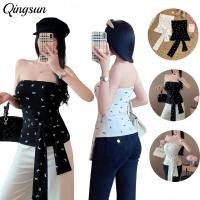 ราคา เสื้อครอปสำหรับผู้หญิง เซ็กซี่ เสื้อเกาะอก ดีเทลลายโบว สีขาวดำ น่ารักมาก มีฟองน้ำในตัว ผูกเอวน่ารัก FY5588 (43068539572)