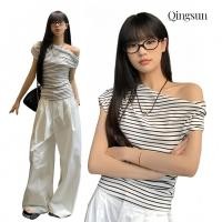 ราคา เสื้อแฟชั่น เปิดไหล่ ลายทาง เสื้อคอกลมเปิดไหล่แขนสั้น น่ารักคาวาอี้ ดีเทลลายทาว ดีพื้นขาวดำ ใส่สบาย FYB8 Qingsun (41413263977)