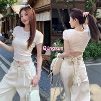 ราคา พร้อมส่ง เสื้อยืดครอปสั้น คอกลม ผ้านุ่มนิ่ม ผ้าไหมพรมสีครีมใส่ง่าย 8K179 Qingsun (40606876100)