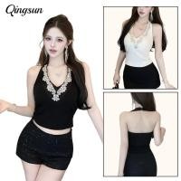 ราคา Qingsun ผู้หญิงเสื้อแขนกุดคอผูก แต่งลายเพชรแวววาว เซ็กซี่ ใส่สบาย เนื้อผ้าระบายบาย FY2932 1 0 (42328093489)