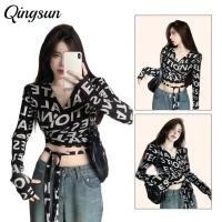 ราคา Qingsun เสื้อแขนยาว เสื้อแขนยาว คอวี ดีเทลผูกเอว น่ารักมากๆ ลายตัวอักษร สีดำ FY333 (26643197603)