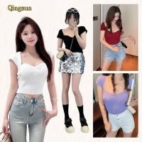 ราคา เซ็กซี่ เสื้อแขนสั้นเว้าอก ผ้ายืดนิ่ม สไตล์ลำลอง ผ้าใส่สบาย หลากสี 70009 (29738845299)