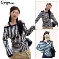 ราคา Qingsun แขนยาว ดีเทลลายทางสีน้ำเงิน เสื้เปิดไหล่ ผ้าใส่สบาย สไตล์เกาหลีa (45152294123)