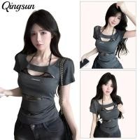 ราคา Qingsun เสื้อแขนสั้น สีเทาสไตล์เกาหลี เซ็กซี่ ผ้าใส่สบาย คล้องคอ (41926903008)