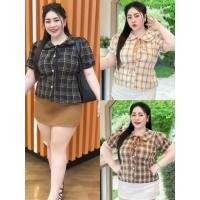 ราคา เสื้อคอบัว สาวอวบอ้วน ลายสก็อต แต่งกุ้นติดโบว์หลังสม็อก อก36 48 (47955831939)