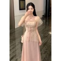 ราคา โปรโมชั่นจํากัดเวลา Sweet Stitching Gauze Polka Dot Dress หญิงฤดูร้อนอารมณ์สไตล์อ่อนโยนเอวแคบ Slimmer ดู a Line ยาว (54706785129)