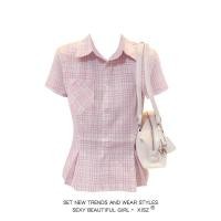 ราคา เสื้อเชิ้ตสไตล์เกาหลีสีชมพูแขนสั้น ออกแบบย้อนยุค กระชับเอว สไตล์หวานๆ (51657160096)
