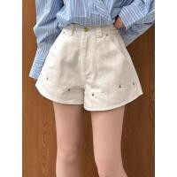 ราคา มาใหม่ ฤดูร้อนกางเกงขาสั้นผ้ายีนส์เอวสูงผู้หญิงปุ่มเดียวรุ่น ก เส้น กางเกงขากว้างออกแบบหมุดกางเกงขากว้างสีขาว (49307376518)