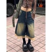 ราคา ลดราคาจํากัดเวลา ขนาดใหญ่ย้อนยุคลูกไม้เย็บยีนส์ตัดกางเกงผู้หญิงการออกแบบฤดูร้อนรู้สึกล้างกางเกงขาสั้นขากว้างด้อยอินเทร (46357287318)