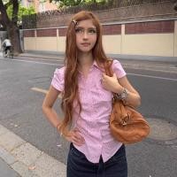 ราคา เสื้อสลิมเอวแคบลายทางสีชมพู สไตล์เกาหลีแขนสั้น (44429245223)