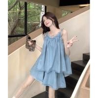 ราคา ชุดสูทย้อนยุคผู้หญิง Blouse ปักลายและกางเกงยีนส์ขาสั้นเอวสูง สำหรับฤดูร้อน (41529328469)