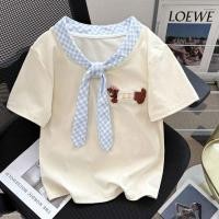 ราคา ลูกสุนัขสไตล์วิทยาลัยปักลายสก๊อตผูกโบว์แขนสั้นผู้หญิงเสื้อครอปไหล่ขวาบาง (56405325324)