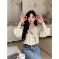 ราคา สีเหลืองครีมลายคอวีโบว์แขนยาวเสื้อชีฟองเสื้อผู้หญิงออกแบบด้านบน (46357328377)