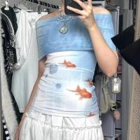 ราคา เสื้อยืดผู้หญิงดีไซน์ใหม่สำหรับฤดูร้อน แบบสายเดี่ยว สกรีนลายตาข่ายและปลาทองขนาดใหญ่ (44175413414)