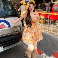 ราคา ผู้หญิงขนาดใหญ่สแควร์คอพัฟแขนชุดดอกไม้ผู้หญิงฤดูร้อนอารมณ์หวานชุดสั้นทําให้ดูผอมเพรียวบาง (29783083638)