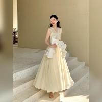 ราคา ชุดเดรสสีขาวหญิงฤดูร้อนยาวสไตล์ฝรั่งเศสย้อนยุคเอวสลิมมิ่งแขนกุดหมั้นชุดราตรีวันเกิด (28722239786)