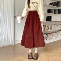 ราคา สีแดงฤดูใบไม้ร่วงฤดูหนาวผ้าลูกฟูกกระโปรงยาวใหม่ย้อนยุคเอวสูงบางยาวแกว่งคํา (28463839317)
