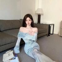 ราคา ชุดผู้หญิงไหล่ข้างเดียว แขนยาวตาข่าย บางพอดีสะโพก ทรงกี่เพ้าหางปลา (45305179149)