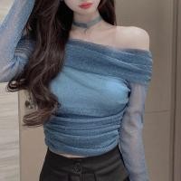 ราคา ใหม่ เสื้อท็อปแขนยาว เปิดไหล่ข้างเดียว ผ้าตาข่าย จับจีบ ทรงสลิมฟิต ออกแบบดี แบบอมตะ สําหรับผู้หญิง (24261990357)