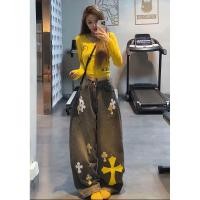 ราคา กางเกงยีนส์เอวสูงขากว้างสำหรับผู้หญิง สไตล์ลูกปัดสีเทา (54756311000)