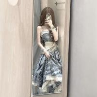ราคา ชุดเดรสสลิงสีน้ำเงินลายตารางหมากรุก กระโปรงยาว มีสไตล์หรูหรา (48204355032)