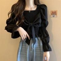 ราคา การเลือกแฟชั่น French Niche สั้นเสื้อแขนยาว Slim Fit Slimmer ดู Bowknot Bottoming เสื้อ Slim Fit ผู้หญิงยอดนิยมผู้ใหญ่ผู้หญิงเกาหลีด้านบน (44706661425)