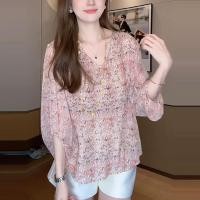 ราคา เสื้อเชิ้ตสไตล์ฝรั่งเศสลายดอกไม้ แบบคอกลมแขนสามส่วน สไตล์บางและหลวมสำหรับหน้าร้อน (43578882514)