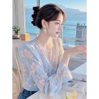 ราคา เสื้อชีฟองลายดอกไม้ตัดลูกไม้สีฟ้า เอวแคบ ทรงหลวมสำหรับผู้หญิง (49956986610)