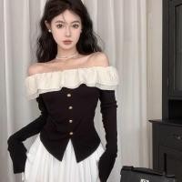 ราคา พร้อมส่ง เสื้อเชิ้ตผู้หญิงแขนยาว ทรงเข้ารูป ผ่าข้าง ระบาย เปิดไหล่ (56252963952)