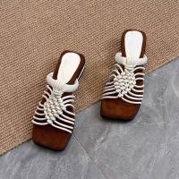 ราคา French Hollow Braided Roman Sandals Square Toe Open Toe Block Heel Flip Flops (54756713803)