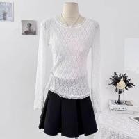 ราคา เสื้อลูกไม้สีขาว จุดต่ําสุด สไตล์ใหม่คอกลมแขนยาวเสื้อยืดถักด้านบน (57754186051)