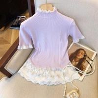 ราคา เสื้อยืดแขนสั้นลูกไม้ คอสูงครึ่งสีขาว งานถักพิเศษ (41727778660)