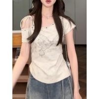 ราคา ผู้หญิงสไตล์เกาหลีวินเทจเซ็กซี่ปิดไหล่สีแอปริคอทพิมพ์เสื้อยืดแขนสั้นฤดูร้อน (43100025890)