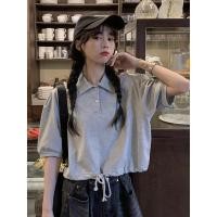 ราคา ผู้หญิง สไตล์เกาหลีคอโปโลแขนสั้นฐานชั้นบนกับโทนสีเทา (56557101005)
