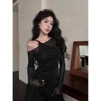 ราคา ผู้หญิงตาข่ายแขนยาวสลิมฟิตเสื้อคล้องคอเงา (29001522850)