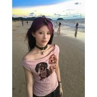 ราคา เสื้อยืดวินเทจสไตล์อเมริกันสำหรับผู้หญิง ฤดูร้อน พิมพ์ลายลูกสุนัขขี้เล่น เปิดไหล่ (28238252501)