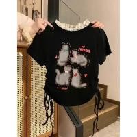 ราคา ผู้หญิงขนาดบวกลูกไม้ตัดแขนสั้นสลิมฟิตเอวผูกรายละเอียดเสื้อยืดลําลอง (27485956616)