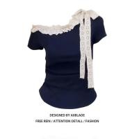 ราคา เสื้อยืดผู้หญิง สไตล์เกาหลี Laced Up ไหล่เอียงแขนสั้น สำหรับฤดูร้อน (24247995651)