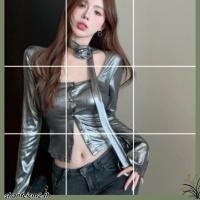 ราคา เสื้อแฟชั่นสีเงินแขนยาวปลายแขนบาน คอกว้างกระดุมหน้า มีสายยาวพันคอติดดอกกุหลาบตกแต่ง (57050580414)