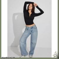 ราคา HANIE House เสื้อยืดแขนยาวสำหรับผู้หญิง แบบ slim fit ออกแบบมาเพื่อฤดูกาลใบไม้ร่วง สีทึบและตัวกระดุมด้านหน้า (44429315193)